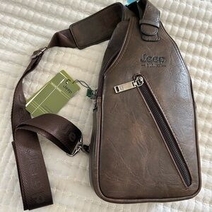 Jeep Buluo man bag.  Brown split leather with strap.